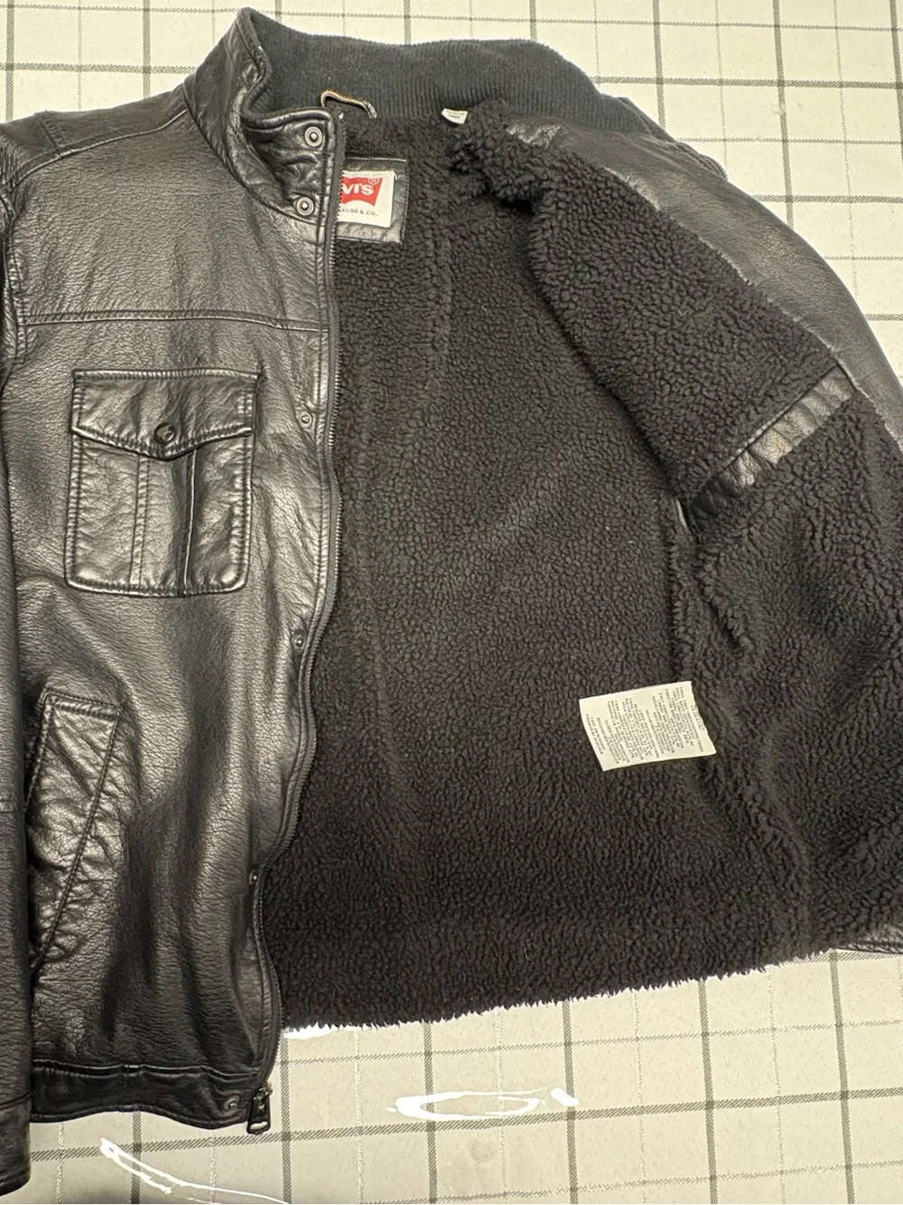 Levi's Black Leather Military-Style Zip & Snap Jacket